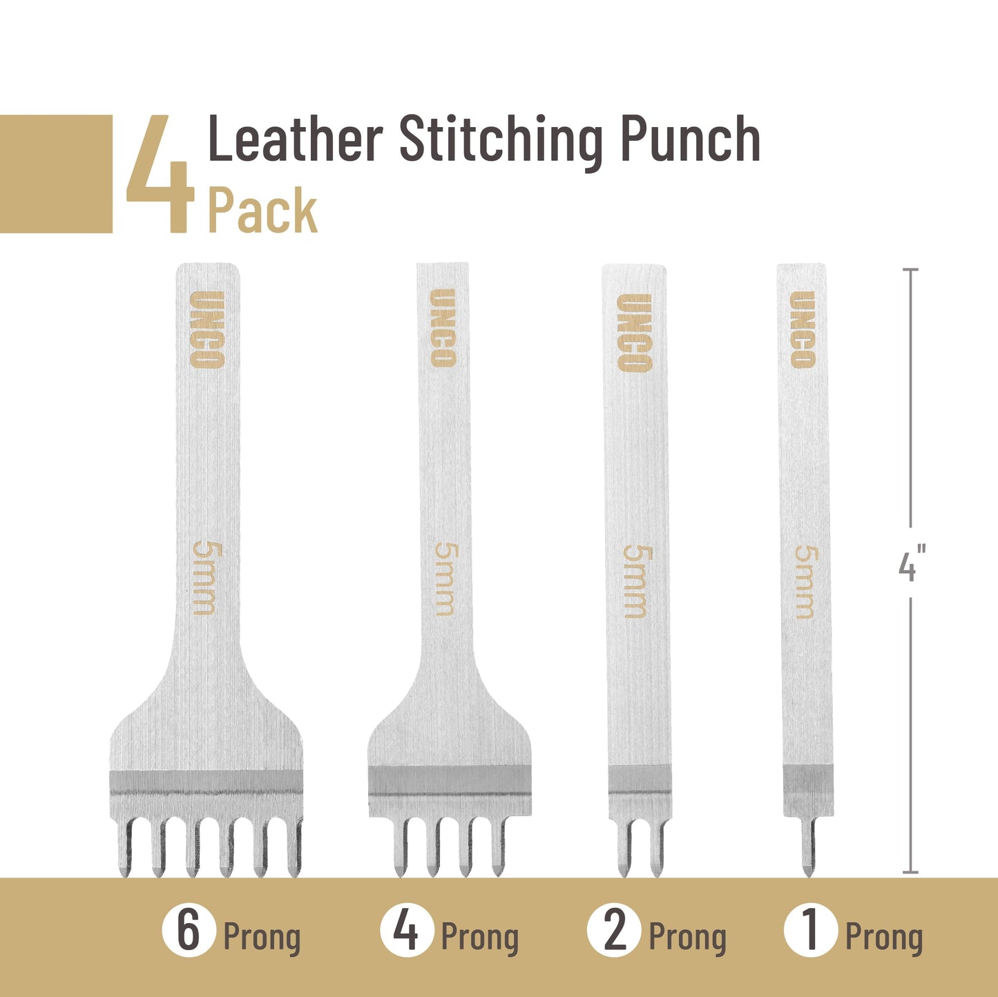 UNCO- Leather Stitching Punch, 4 Pack, 5 mm, 1/2/4/6 Prong, Leather Stitch Punch, Leather Fork Punch, Leather Chisel, Leather Hole Punch Tool, Leather Punch Tool, Stitching Chisel