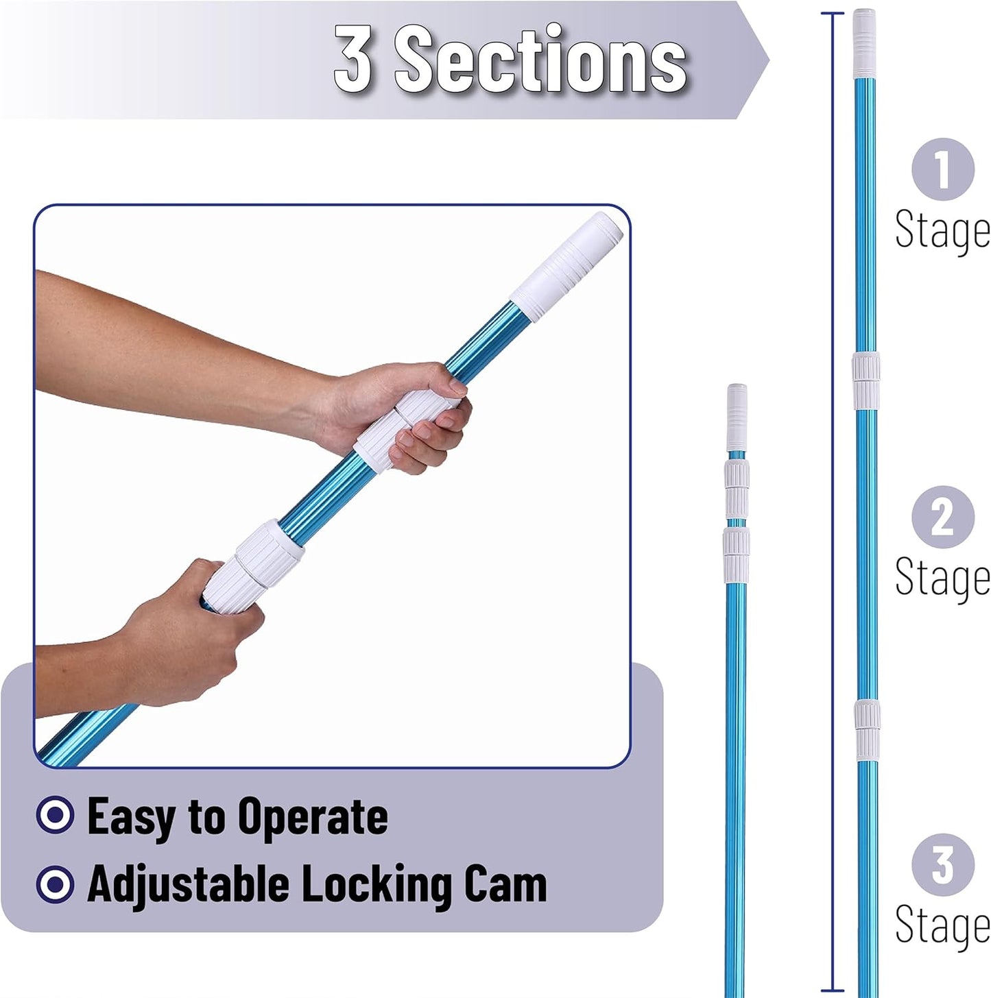 UNCO- Telescopic Pool Pole, 12Ft, Adjustable 3Piece Expandable Step-Up, Telescopic Pole, Pool Poles for Cleaning, Pool Cleaning Pole, Pool Brush Pole, Pool Pole Telescopic, Telescoping Pool Pole