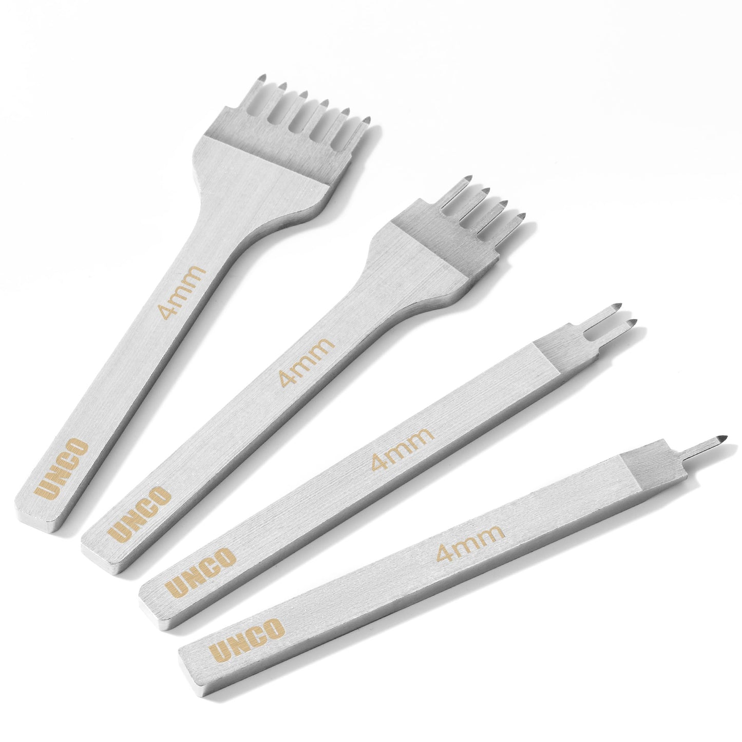 UNCO- Leather Stitching Punch, 4 Pack, 5 mm, 1/2/4/6 Prong, Leather Stitch Punch, Leather Fork Punch, Leather Chisel, Leather Hole Punch Tool, Leather Punch Tool, Stitching Chisel