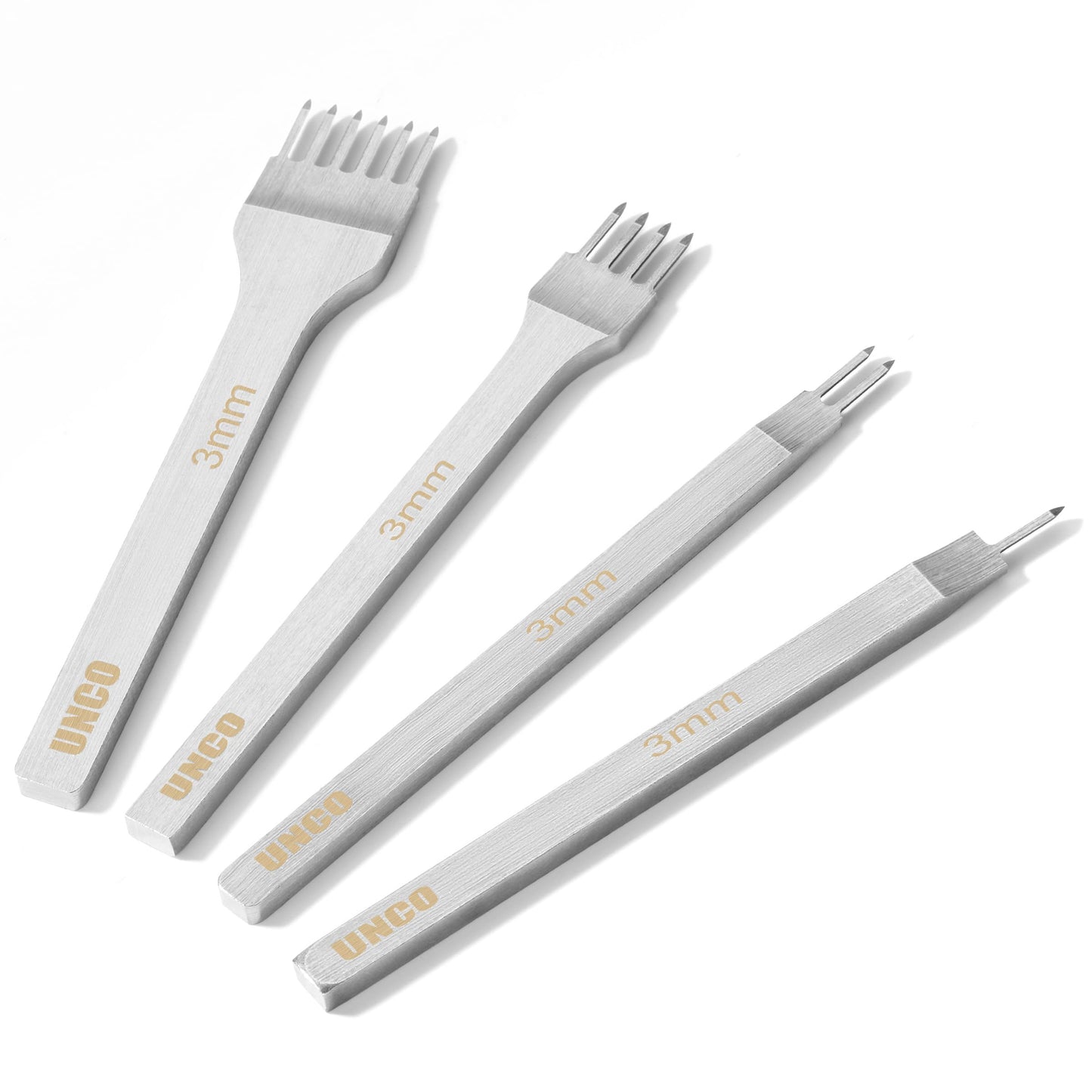UNCO- Leather Stitching Punch, 4 Pack, 5 mm, 1/2/4/6 Prong, Leather Stitch Punch, Leather Fork Punch, Leather Chisel, Leather Hole Punch Tool, Leather Punch Tool, Stitching Chisel