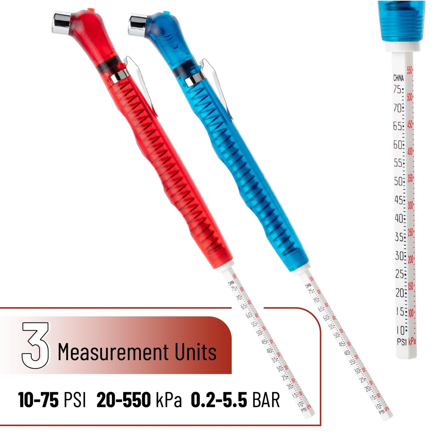 UNCO- Pencil Tire Pressure Gauge, 2 Pack, Blue & Red, 10-75 PSI, Tire Gauges for Tire Pressure, Tire Gauge, Air Pressure Gauge for Tires, Tire Air Gauge Tire Pressure, Car Tire Pressure Gauge