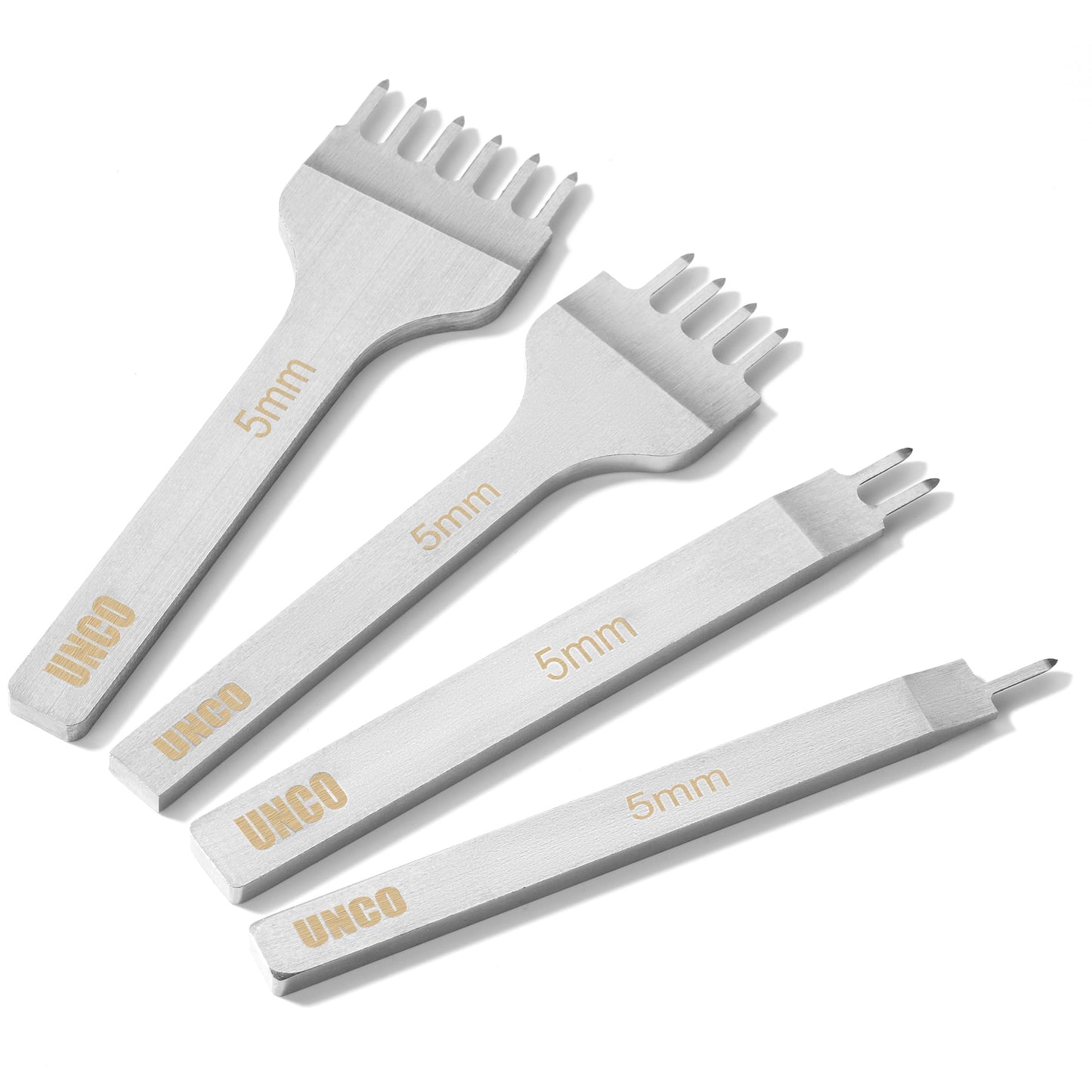 UNCO- Leather Stitching Punch, 4 Pack, 5 mm, 1/2/4/6 Prong, Leather Stitch Punch, Leather Fork Punch, Leather Chisel, Leather Hole Punch Tool, Leather Punch Tool, Stitching Chisel