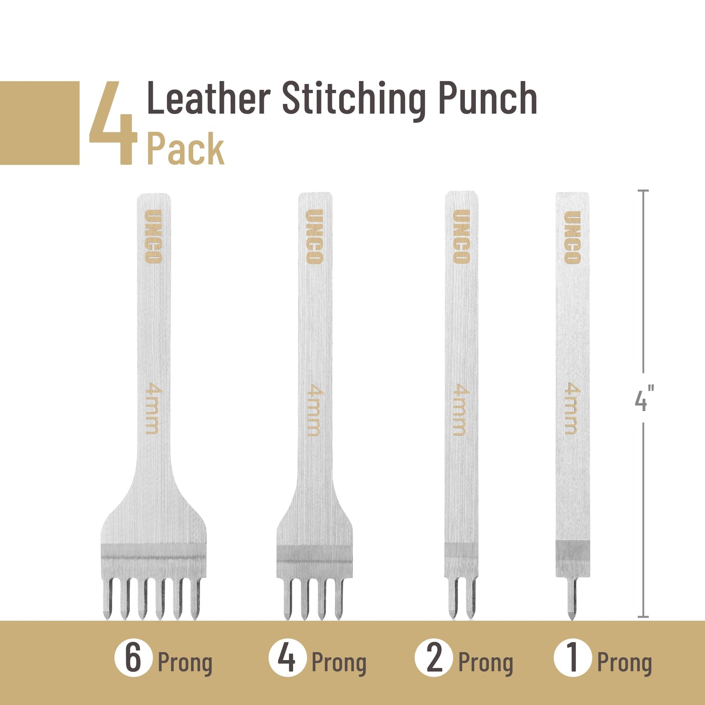 UNCO- Leather Stitching Punch, 4 Pack, 5 mm, 1/2/4/6 Prong, Leather Stitch Punch, Leather Fork Punch, Leather Chisel, Leather Hole Punch Tool, Leather Punch Tool, Stitching Chisel
