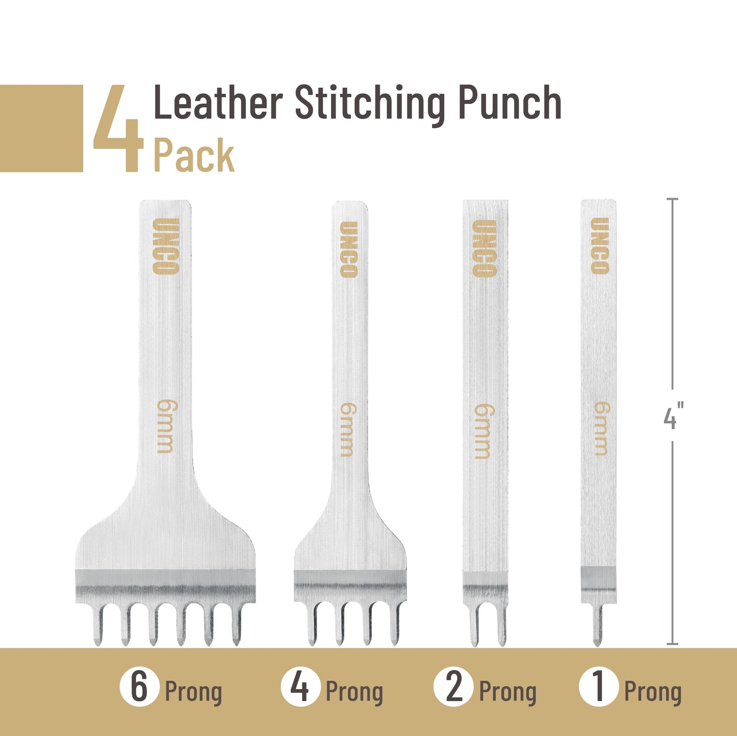 UNCO- Leather Stitching Punch, 4 Pack, 5 mm, 1/2/4/6 Prong, Leather Stitch Punch, Leather Fork Punch, Leather Chisel, Leather Hole Punch Tool, Leather Punch Tool, Stitching Chisel