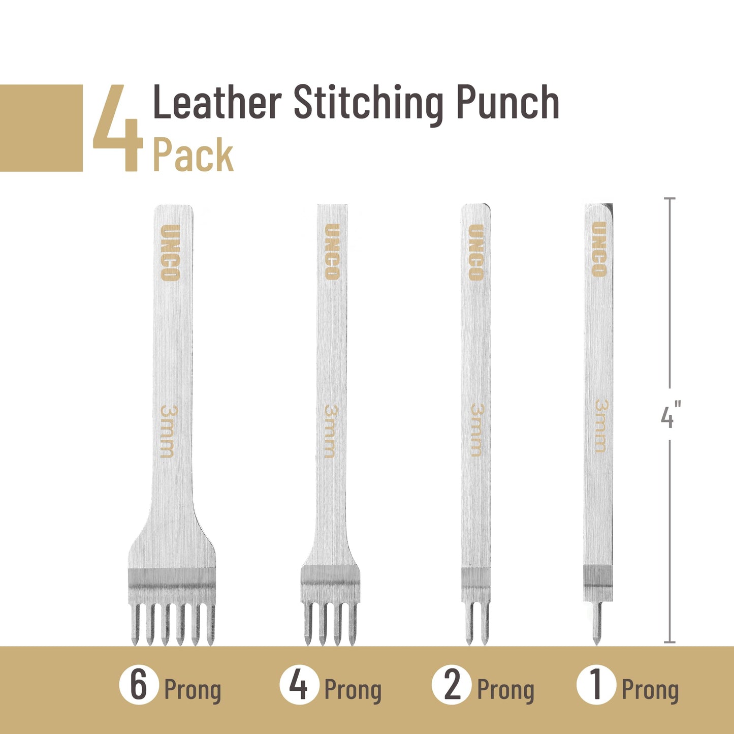 UNCO- Leather Stitching Punch, 4 Pack, 5 mm, 1/2/4/6 Prong, Leather Stitch Punch, Leather Fork Punch, Leather Chisel, Leather Hole Punch Tool, Leather Punch Tool, Stitching Chisel