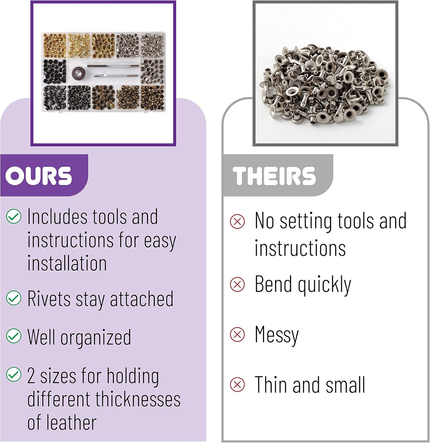 UNCO- Leather Rivets Kit, 4 Colors, 2 Sizes, 240 pcs, Tubular Metal Studs with Fixing Tools, Double Cap Rivets, Rivets for Leather, Rivets for Fabric, Leather Hardware Supplies.