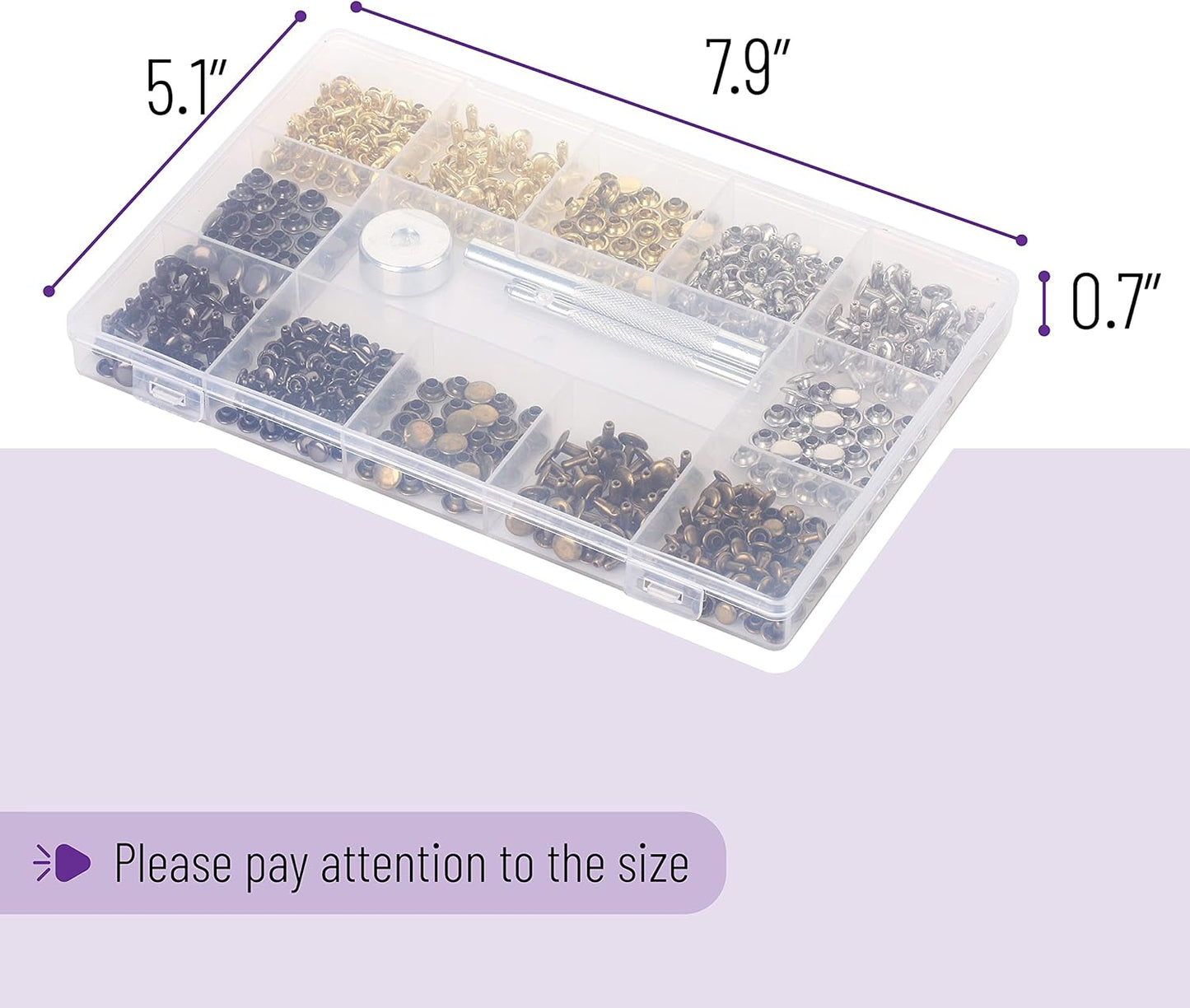UNCO- Leather Rivets Kit, 4 Colors, 2 Sizes, 240 pcs, Tubular Metal Studs with Fixing Tools, Double Cap Rivets, Rivets for Leather, Rivets for Fabric, Leather Hardware Supplies.