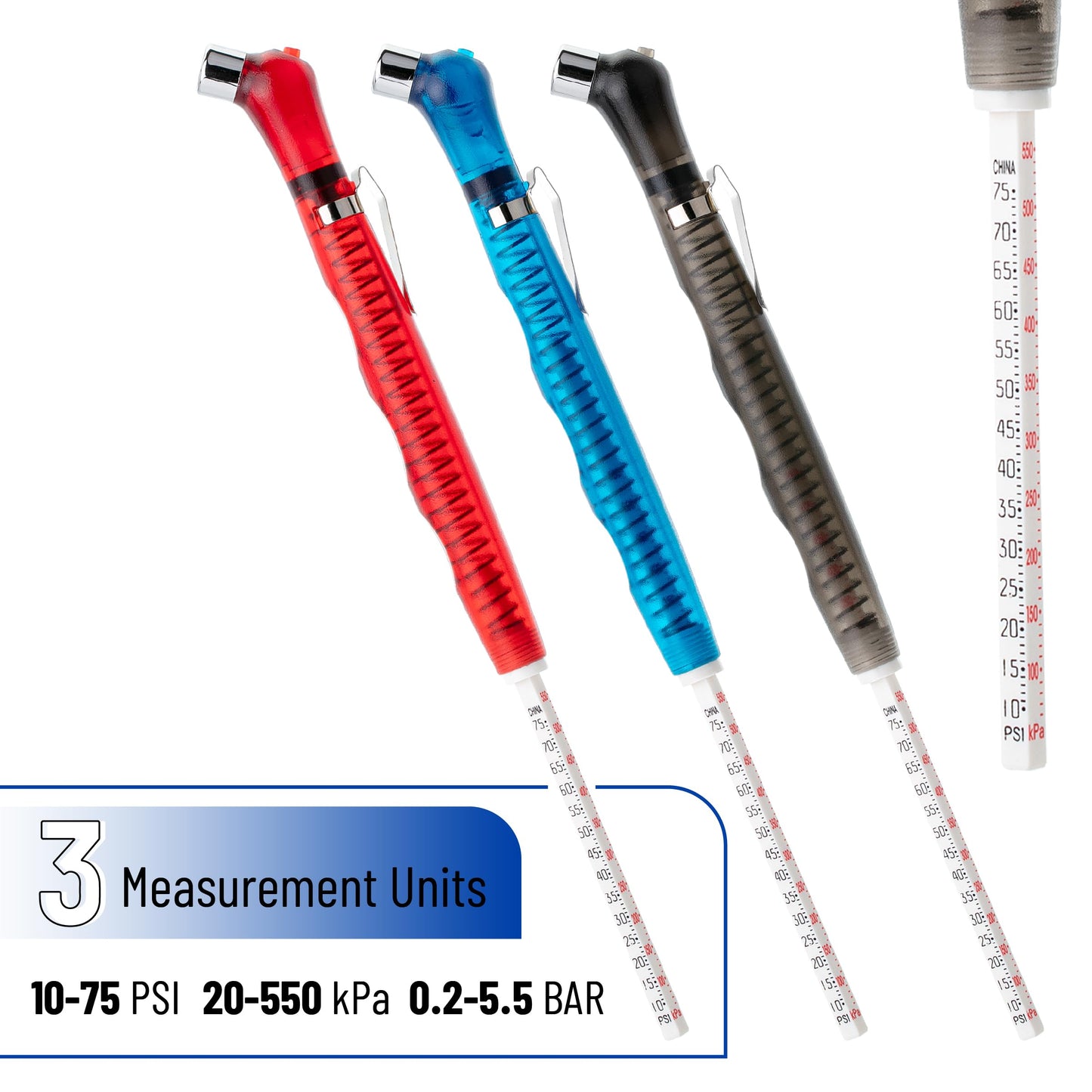 UNCO- Pencil Tire Pressure Gauge, 2 Pack, Blue & Red, 10-75 PSI, Tire Gauges for Tire Pressure, Tire Gauge, Air Pressure Gauge for Tires, Tire Air Gauge Tire Pressure, Car Tire Pressure Gauge