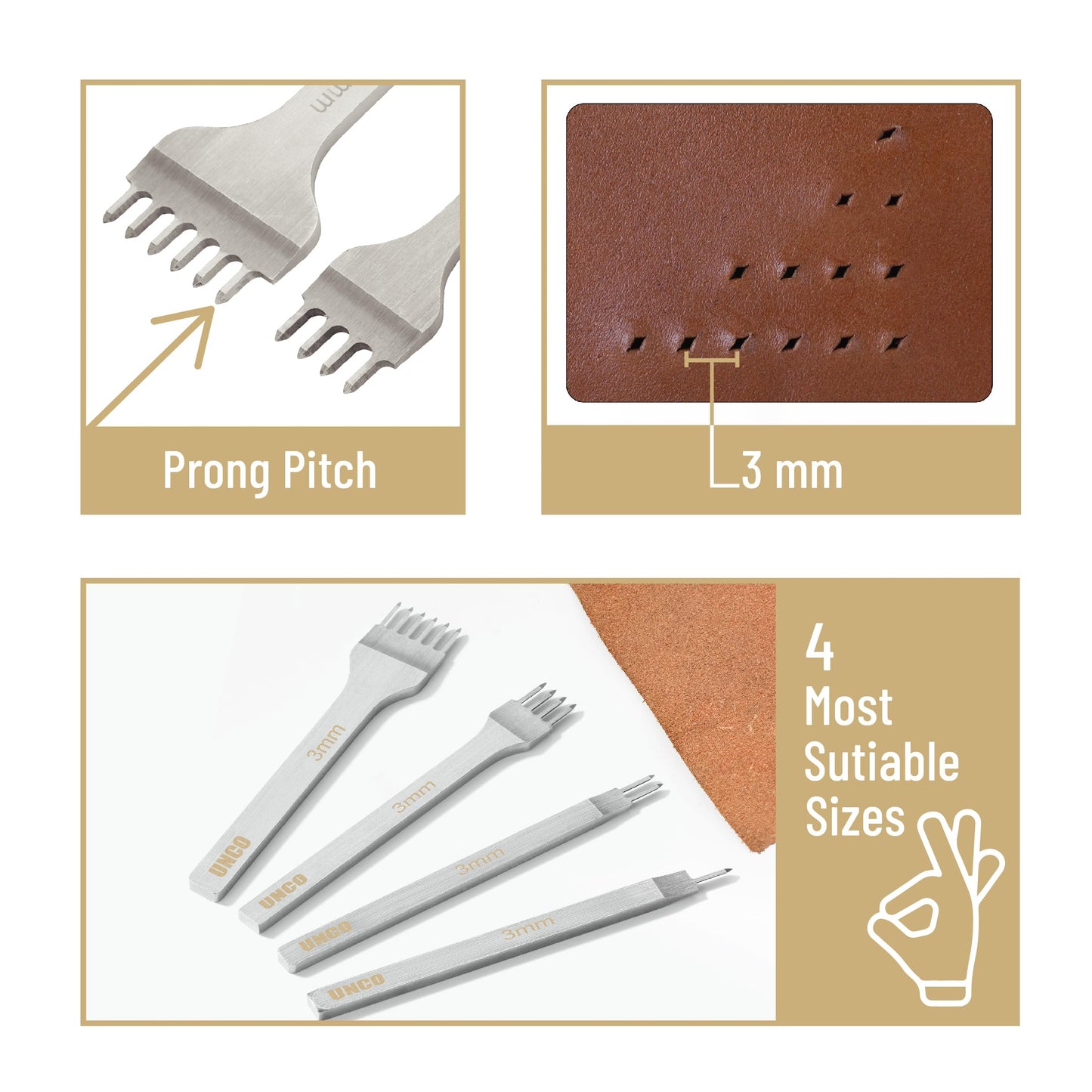 UNCO- Leather Stitching Punch, 4 Pack, 5 mm, 1/2/4/6 Prong, Leather Stitch Punch, Leather Fork Punch, Leather Chisel, Leather Hole Punch Tool, Leather Punch Tool, Stitching Chisel