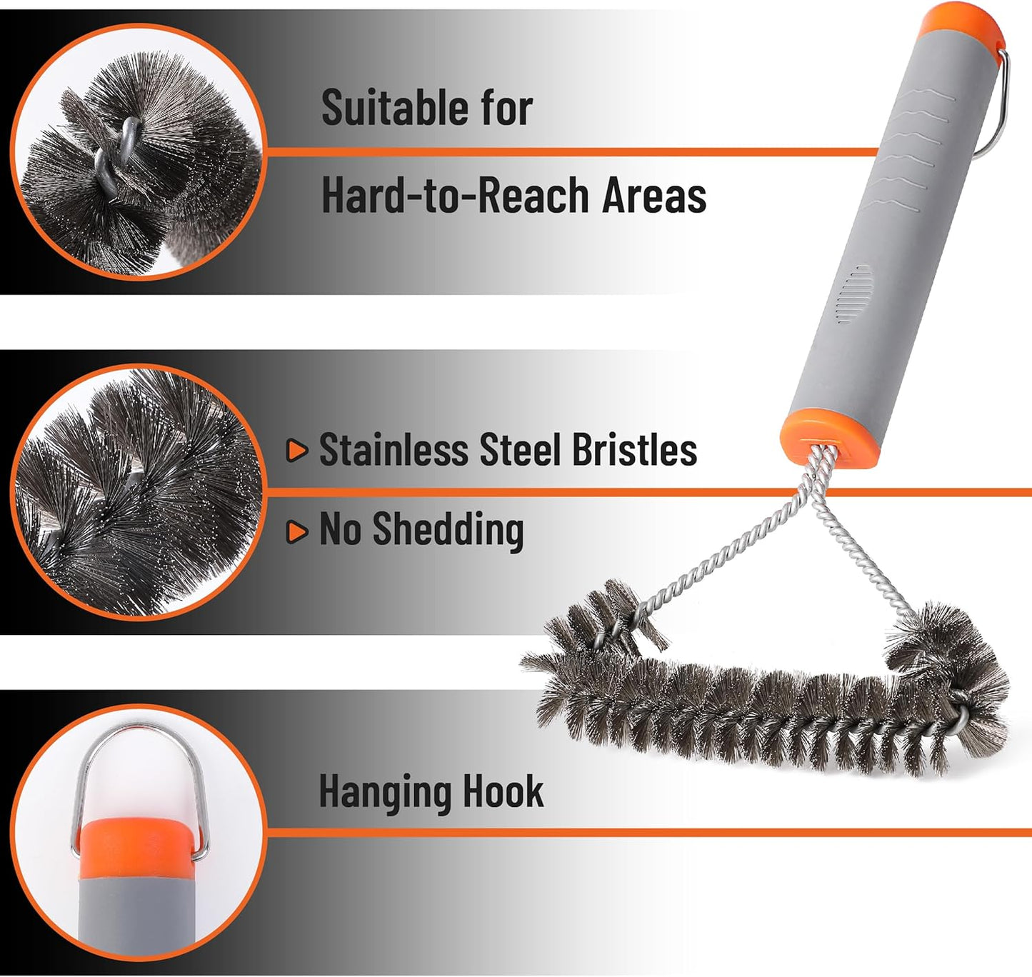 UNCO- 3-Sided Grill Brush Stainless Steel, 12.2", BBQ Grill Brush for Outdoor Grill Cleaning Brush, BBQ Brush, BBQ Brushes for Grill Cleaner Brush, Grill Scraper for Outdoor Grill Brushes