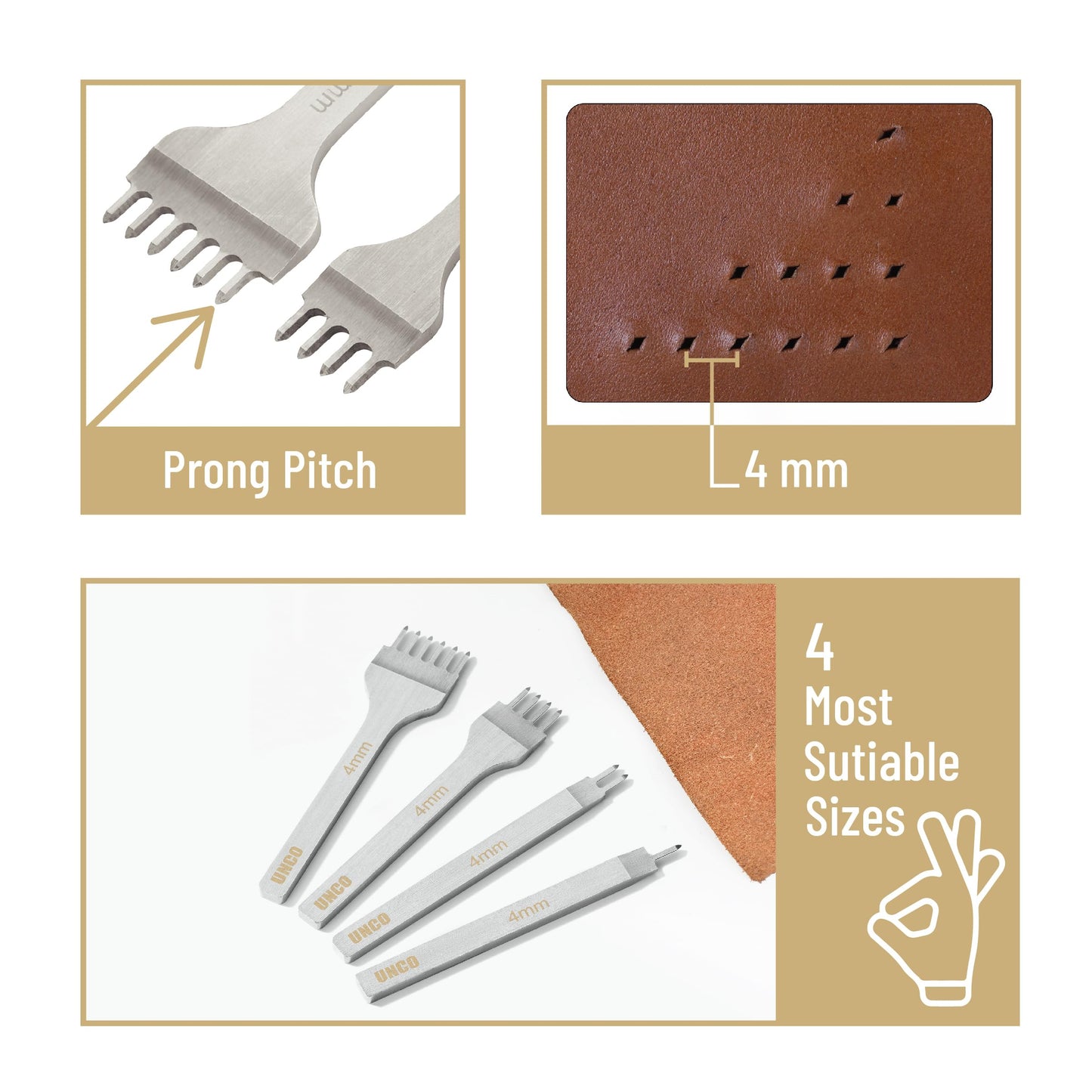 UNCO- Leather Stitching Punch, 4 Pack, 5 mm, 1/2/4/6 Prong, Leather Stitch Punch, Leather Fork Punch, Leather Chisel, Leather Hole Punch Tool, Leather Punch Tool, Stitching Chisel