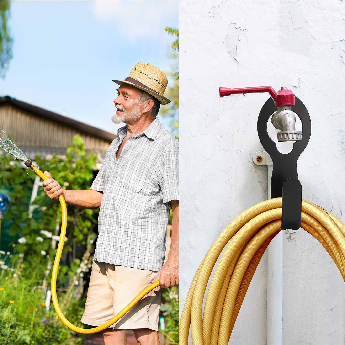 UNCO- Garden Hose Holder, Metal, 2 Pack, Fit 50’ of 5/8” Hose, Garden Hose Hanger, Water Hose Holder, Water Hose Holders for Outside, Portable Hose Holder, Hanging Hose Holder, Garden Hose Carrier