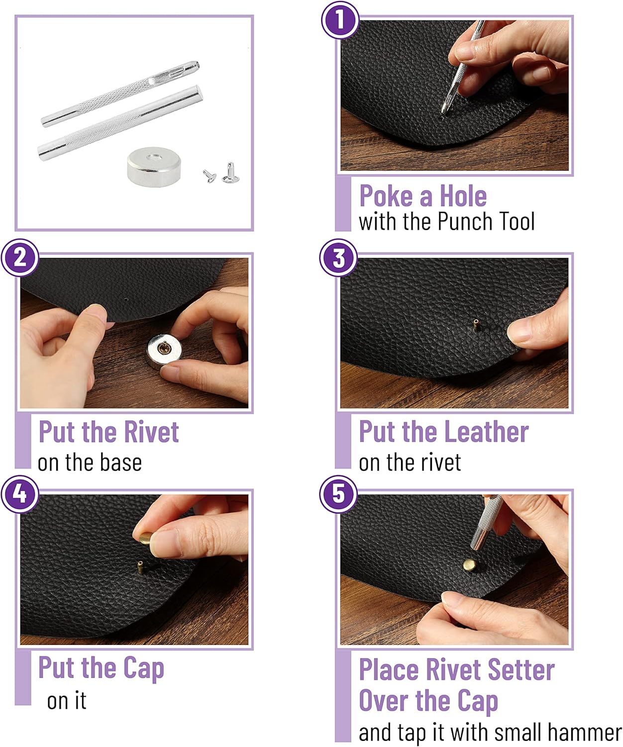 UNCO- Leather Rivets Kit, 4 Colors, 2 Sizes, 240 pcs, Tubular Metal Studs with Fixing Tools, Double Cap Rivets, Rivets for Leather, Rivets for Fabric, Leather Hardware Supplies.