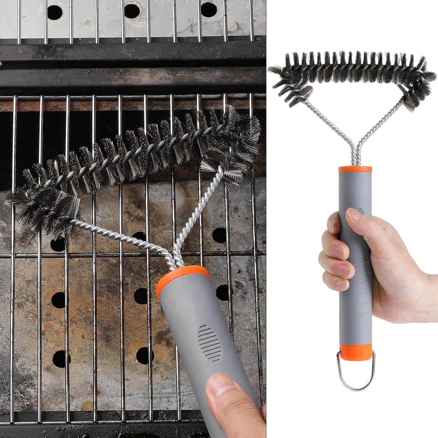 UNCO- 3-Sided Grill Brush Stainless Steel, 12.2", BBQ Grill Brush for Outdoor Grill Cleaning Brush, BBQ Brush, BBQ Brushes for Grill Cleaner Brush, Grill Scraper for Outdoor Grill Brushes