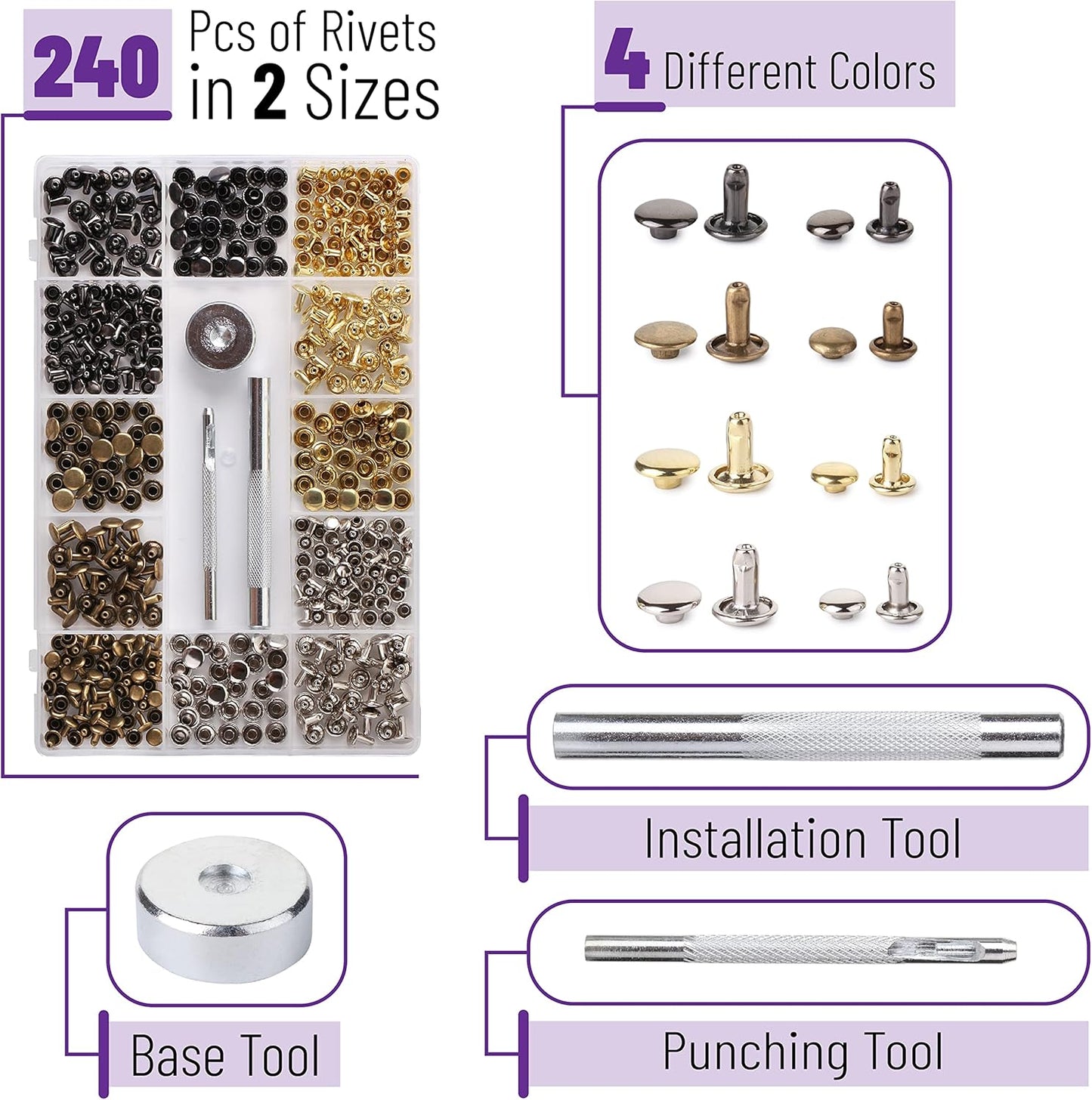 UNCO- Leather Rivets Kit, 4 Colors, 2 Sizes, 240 pcs, Tubular Metal Studs with Fixing Tools, Double Cap Rivets, Rivets for Leather, Rivets for Fabric, Leather Hardware Supplies.