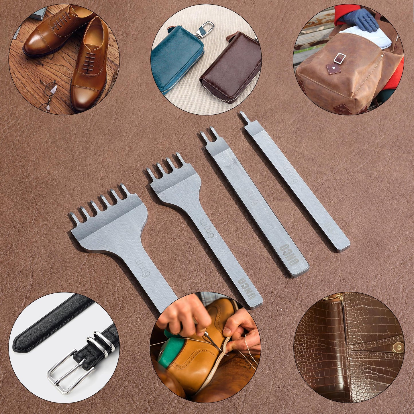 UNCO- Leather Stitching Punch, 4 Pack, 5 mm, 1/2/4/6 Prong, Leather Stitch Punch, Leather Fork Punch, Leather Chisel, Leather Hole Punch Tool, Leather Punch Tool, Stitching Chisel