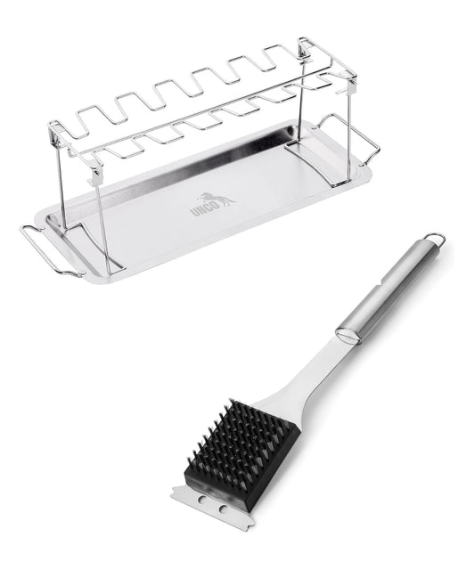 UNCO- Chicken Leg Rack for Grill with Drip Pan and Grill Brush with Scraper