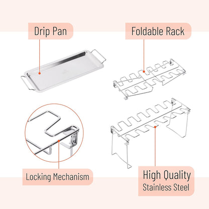 UNCO- Chicken Leg Rack for Grill with Drip Pan, 14 Slots Stainless Steel, Chicken Wing Rack for Smoker, Chicken Drumstick Rack, Chicken Stand for Smoker, Chicken Drumstick Holder, Grill Rack.