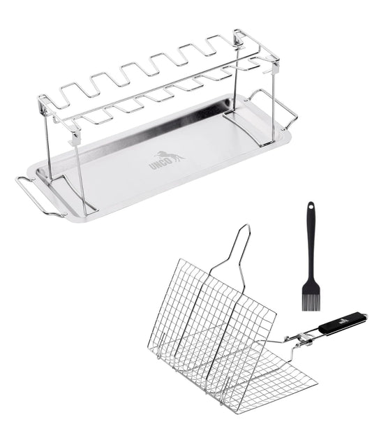 UNCO- Chicken Leg Rack for Grill with Drip Pan and Grill Basket