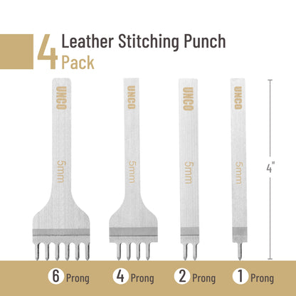 UNCO- Leather Stitching Punch, 4 Pack, 3mm, 1/2/4/6 Prong, Leather Stitch Punch, Leather Fork Punch, Leather Chisel, Leather Hole Punch Tool, Leather Punch Tool, Stitching Chisel