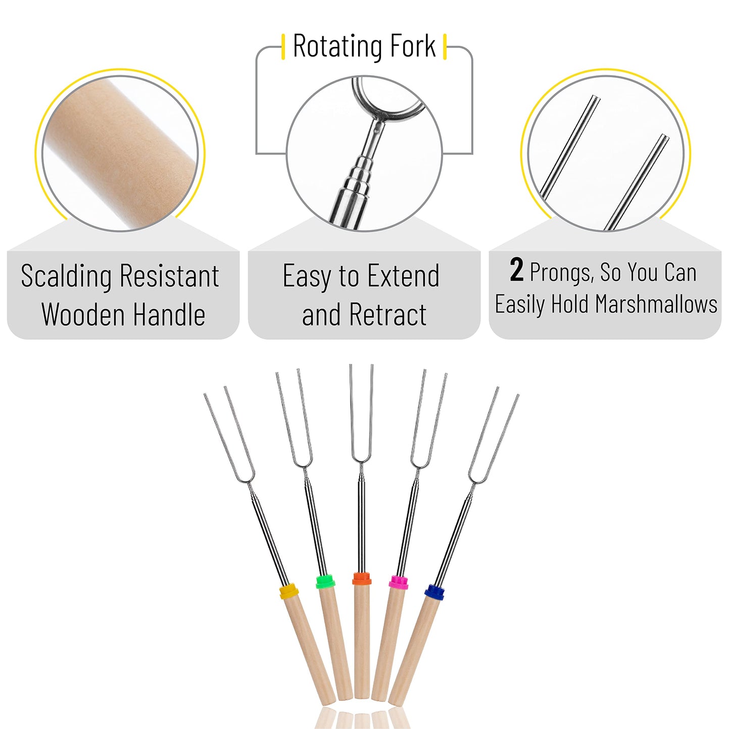 UNCO - Extendable Stainless Steel Roasting Sticks, 5 Pack, 32" - For S'mores, Hot Dogs, Campfires and Fire Pits