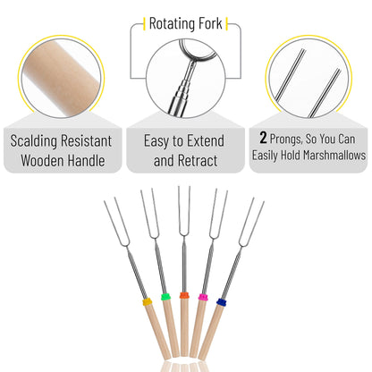 UNCO - Extendable Stainless Steel Roasting Sticks, 5 Pack, 32" - For S'mores, Hot Dogs, Campfires and Fire Pits