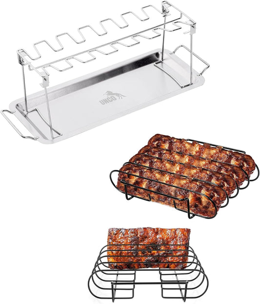 UNCO- Chicken Leg Rack for Grill with Drip Pan and Stainless Steel Rib Rack