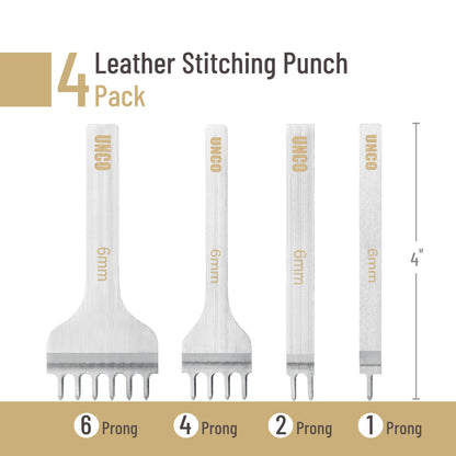 UNCO- Leather Stitching Punch, 4 Pack, 3mm, 1/2/4/6 Prong, Leather Stitch Punch, Leather Fork Punch, Leather Chisel, Leather Hole Punch Tool, Leather Punch Tool, Stitching Chisel