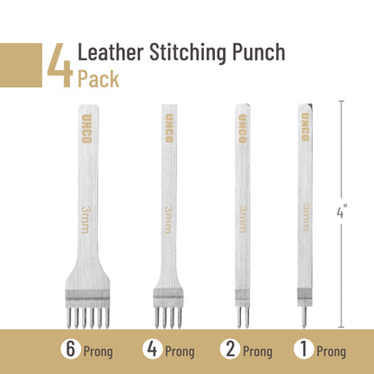 UNCO- Leather Stitching Punch, 4 Pack, 3mm, 1/2/4/6 Prong, Leather Stitch Punch, Leather Fork Punch, Leather Chisel, Leather Hole Punch Tool, Leather Punch Tool, Stitching Chisel