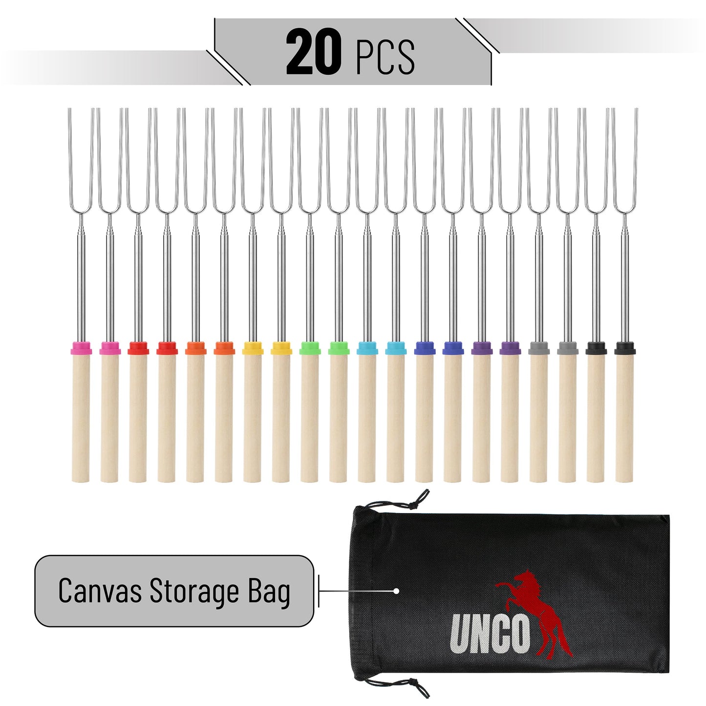 UNCO - Extendable Stainless Steel Roasting Sticks, 5 Pack, 32" - For S'mores, Hot Dogs, Campfires and Fire Pits