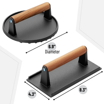 UNCO- Cast Iron Grill Press, 6.9” Round & 8.3” x 4.3” Rectangular, Burger Press for Griddle, Bacon Press for Griddle Press, Meat Press Cast Iron, Hamburger Press for Griddle