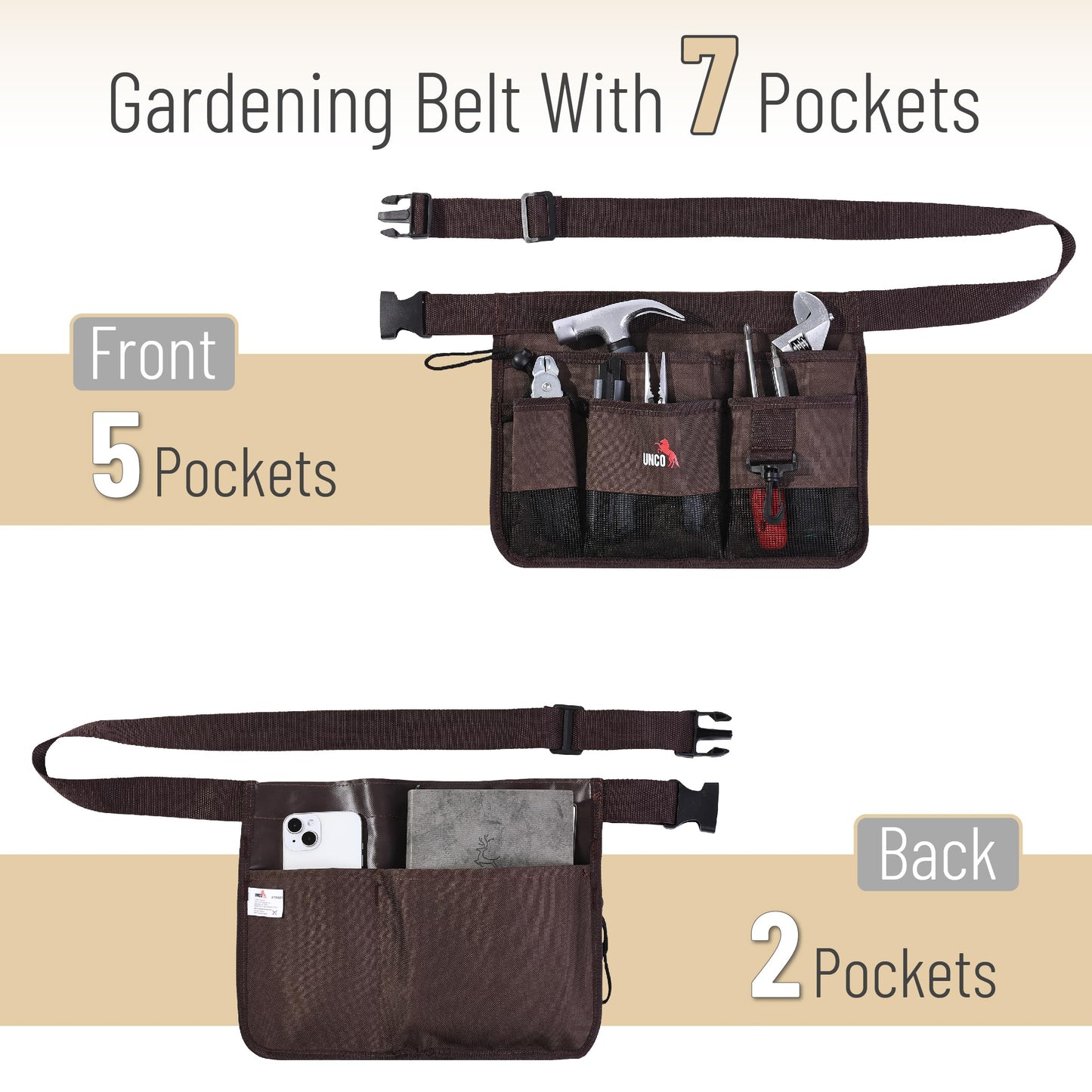 UNCO- Gardening Belt, Garden Tool Belts for Men, Waist Apron with Pockets, Construction, Carpenter Belt, for Men