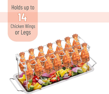 UNCO- Chicken Leg Rack for Grill with Drip Pan, 14 Slots Stainless Steel, Chicken Wing Rack for Smoker, Chicken Drumstick Rack, Chicken Stand for Smoker, Chicken Drumstick Holder, Grill Rack.