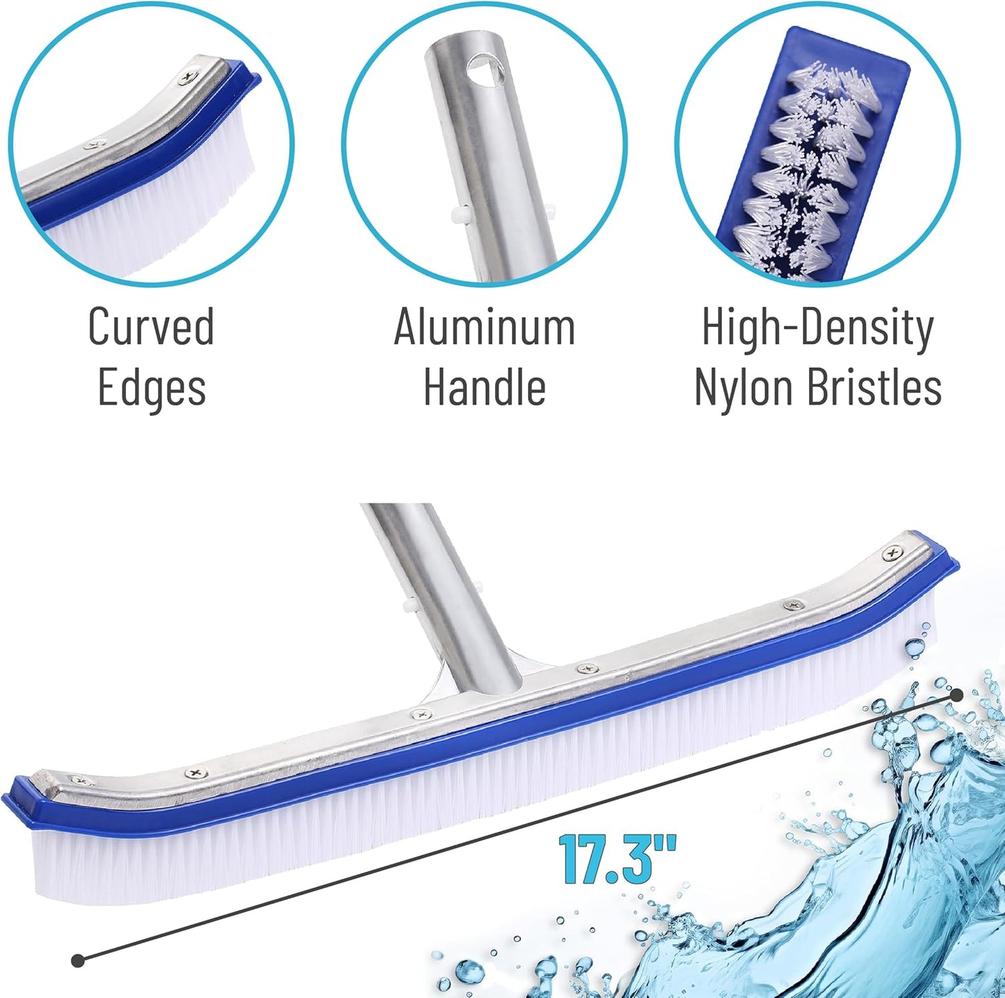 UNCO- Pool Brush Head, 17.3 in, Swimming Pool Wall & Tile Brush, Aluminium Swimming Pool Brush Head for Inground Pools, Nylon Bristles, Pool Cleaning Brush, Pool Brushes for In Ground Pool