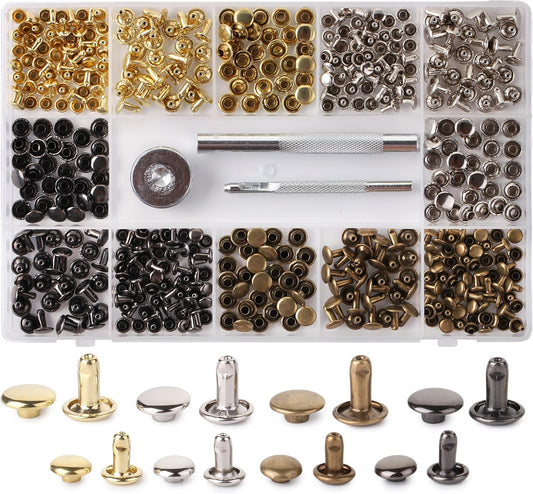 UNCO- Leather Rivets Kit, 4 Colors, 2 Sizes, 240 pcs, Tubular Metal Studs with Fixing Tools, Double Cap Rivets, Rivets for Leather, Rivets for Fabric, Leather Hardware Supplies.