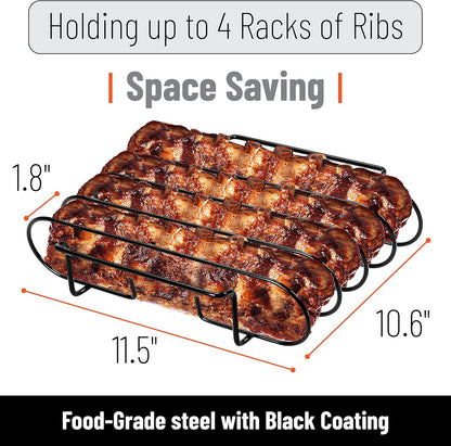 UNCO- Stainless Steel Rib Rack, Holds Up to 4 Full Racks of Ribs for Smoking, Smoker Rack for Grilling, Nonstick BBQ Rib Rack Stand Holder