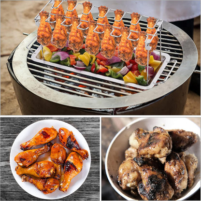 UNCO- Chicken Leg Rack for Grill with Drip Pan, 14 Slots Stainless Steel, Chicken Wing Rack for Smoker, Chicken Drumstick Rack, Chicken Stand for Smoker, Chicken Drumstick Holder, Grill Rack.