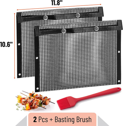 UNCO- BBQ Grilling Bags, 2 Pack, 11.8"x10.6", Mesh Grill Bags with Basting Brush, Easy to Clean Grill Bag, Grill Bags, Grill Mesh for Outdoor Grill, Grill Accessories Bag, Reusable Mesh Barbecue Pouch