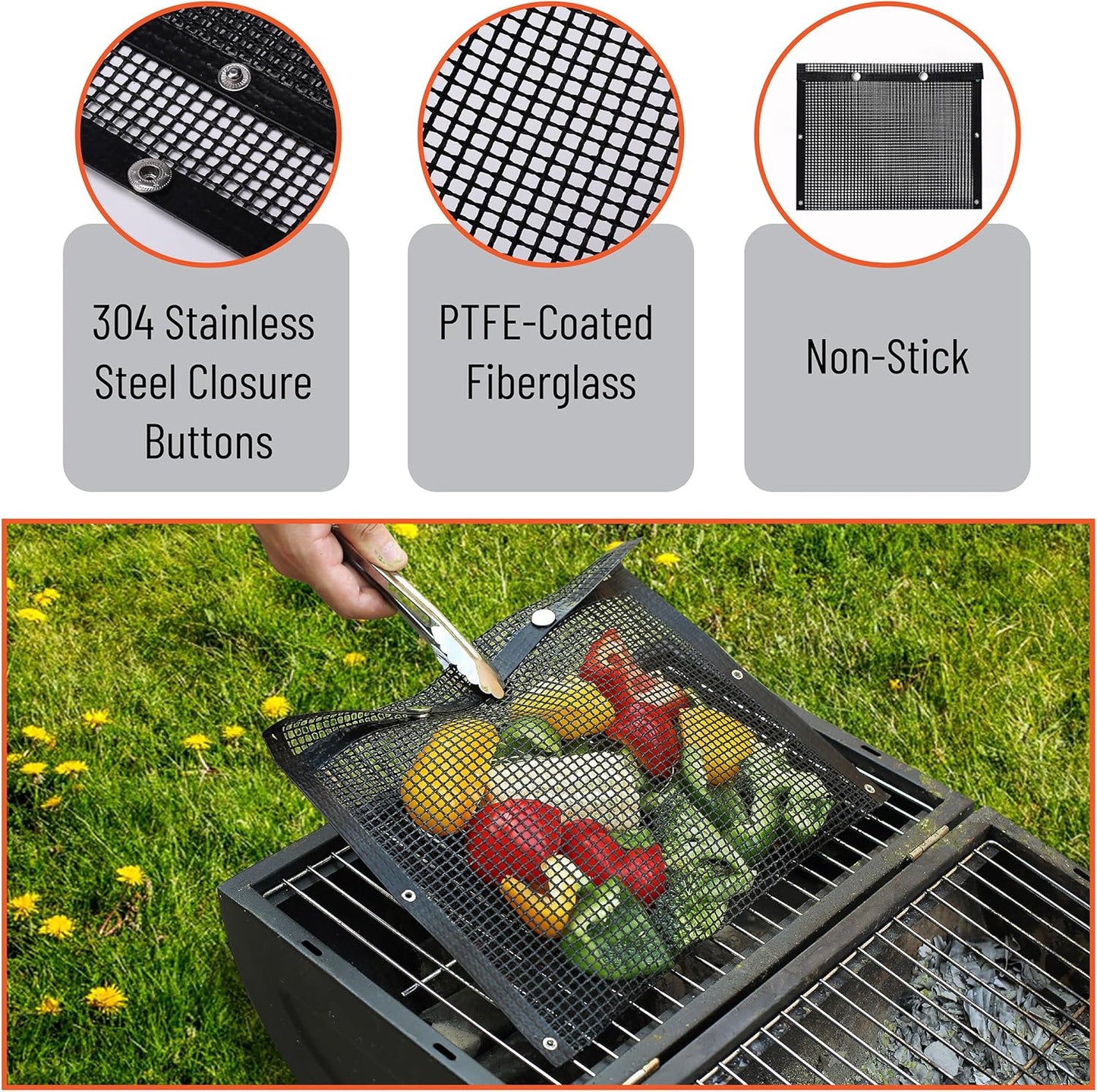 UNCO- BBQ Grilling Bags, 2 Pack, 11.8"x10.6", Mesh Grill Bags with Basting Brush, Easy to Clean Grill Bag, Grill Bags, Grill Mesh for Outdoor Grill, Grill Accessories Bag, Reusable Mesh Barbecue Pouch