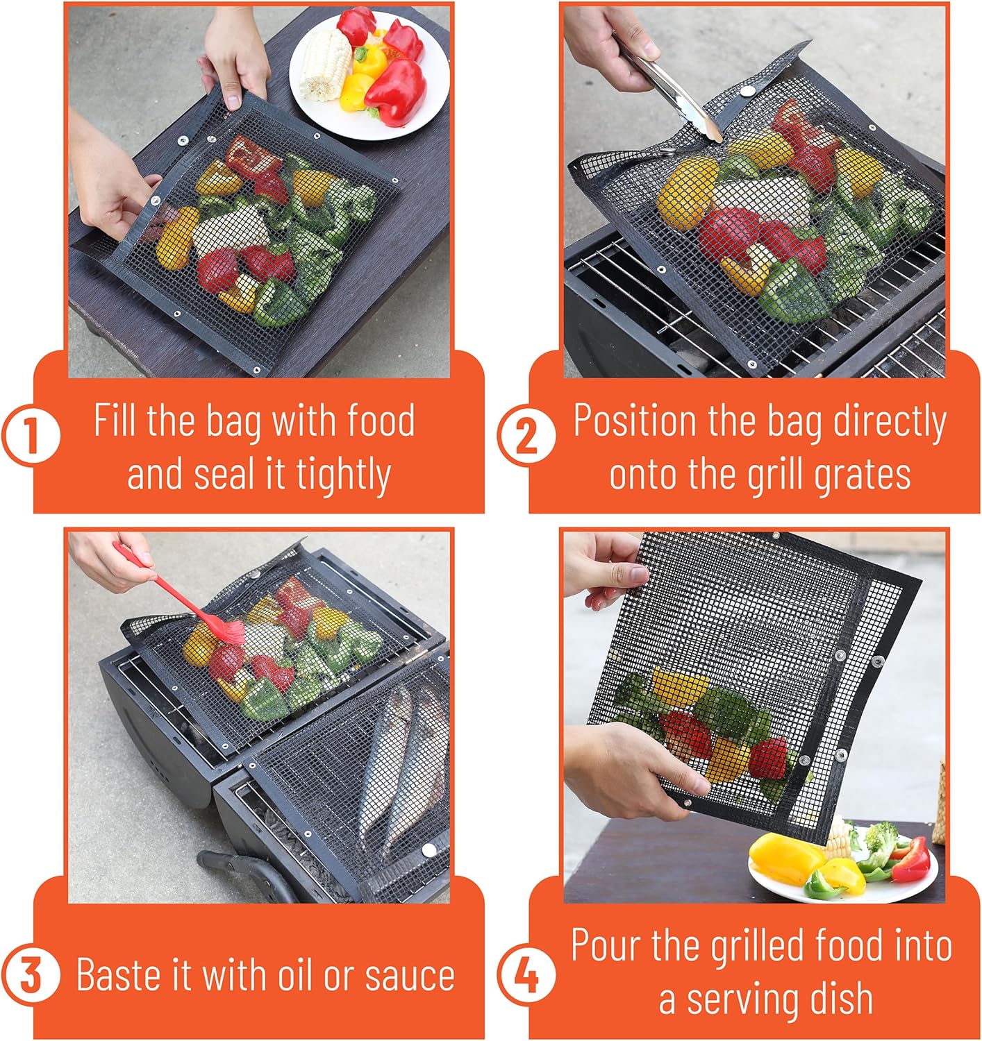 UNCO- BBQ Grilling Bags, 2 Pack, 11.8"x10.6", Mesh Grill Bags with Basting Brush, Easy to Clean Grill Bag, Grill Bags, Grill Mesh for Outdoor Grill, Grill Accessories Bag, Reusable Mesh Barbecue Pouch